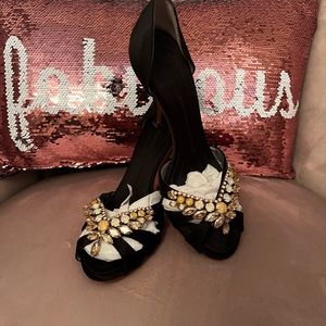 Black satin Giuseppe Zanotti peep-toe d'Orsay embellished pumps